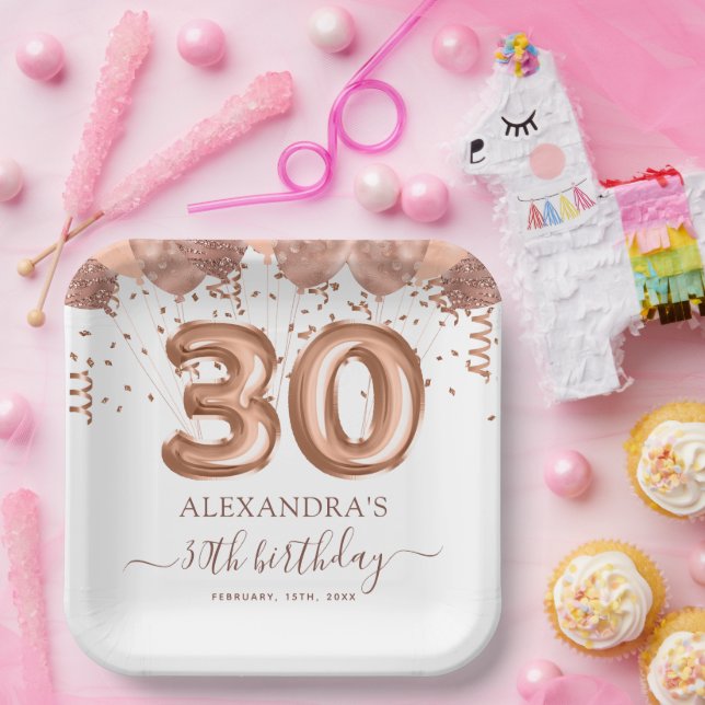 Rose Gold Balloons 30th Birthday Party Paper Plate (Party)