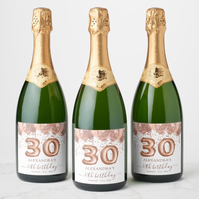 Rose Gold Balloons 30th Birthday Party Sparkling Wine Label (Bottles)