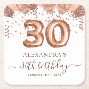 Rose Gold Balloons 30th Birthday Party Square Paper Coaster