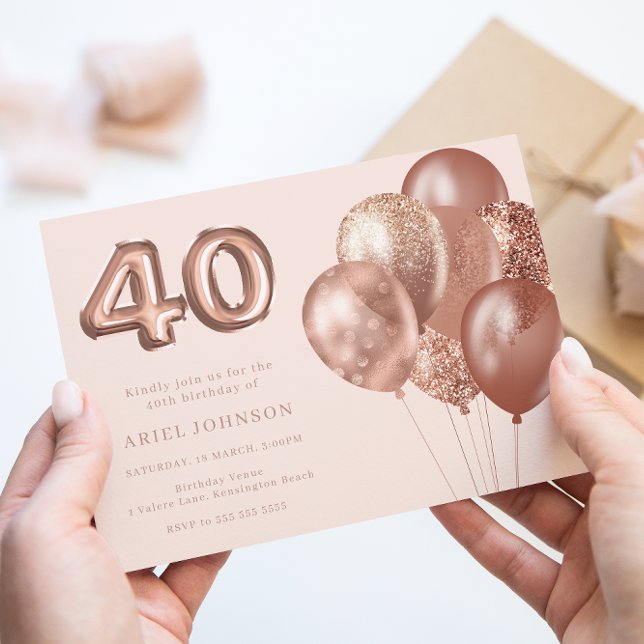 Rose Gold Balloons 40th Birthday Party Invitation (Creator Uploaded)