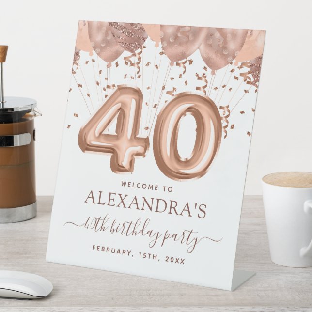 Rose Gold Balloons 40th Birthday Party Pedestal Sign (In SItu)