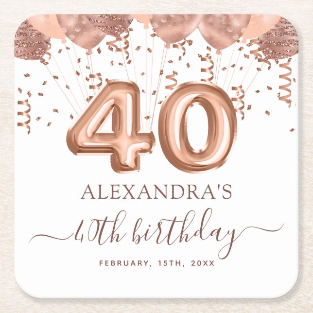 Rose Gold Balloons 40th Birthday Party Square Paper Coaster (Front)