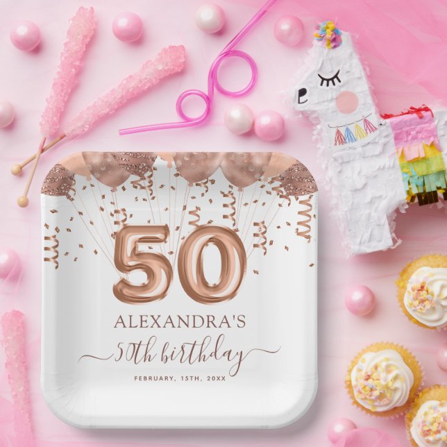 Rose Gold Balloons 50th Birthday Party Paper Plate (Party)
