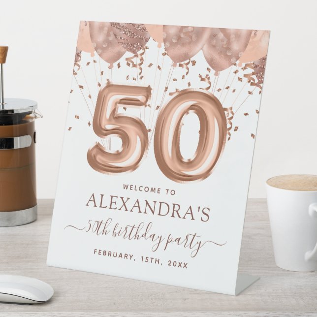 Rose Gold Balloons 50th Birthday Party Pedestal Sign (In SItu)