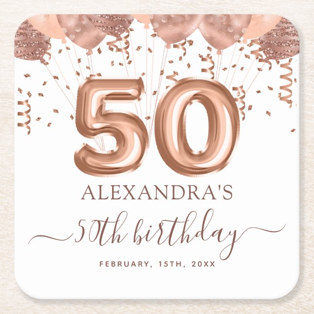 Rose Gold Balloons 50th Birthday Party Square Paper Coaster (Front)
