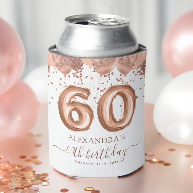 Rose Gold Balloons 60th Birthday Party Can Cooler (Creator Uploaded)
