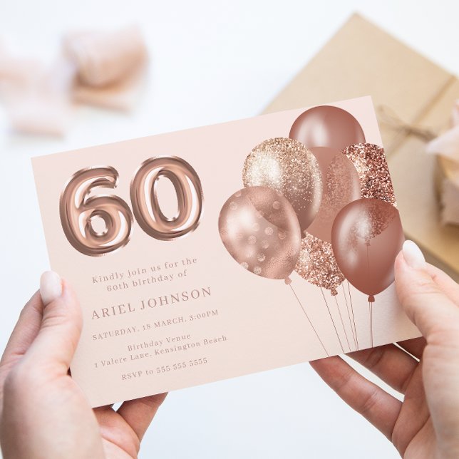 Rose Gold Balloons 60th Birthday Party Invitation (Creator Uploaded)