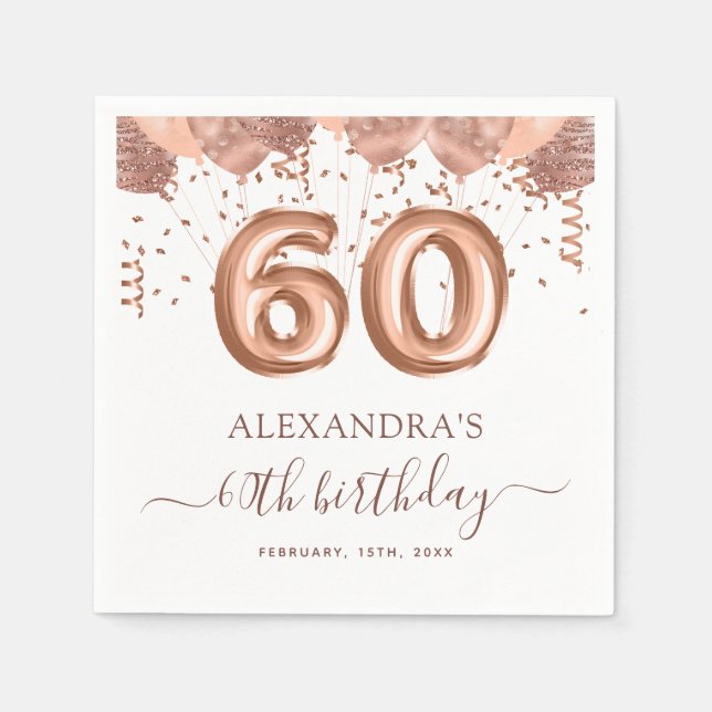 Rose Gold Balloons 60th Birthday Party Napkin (Front)