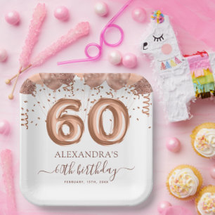 Rose Gold Balloons 60th Birthday Party Paper Plate