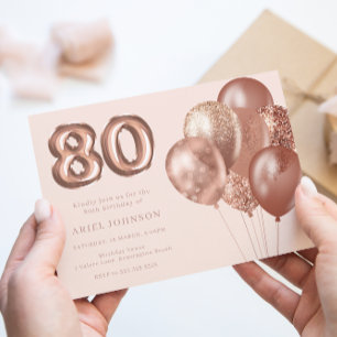 Rose Gold Balloons 80th Birthday Party Invitation