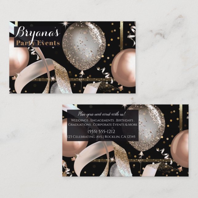 Rose Gold Balloons Black Chic Party Event Planner Business Card (Front/Back)