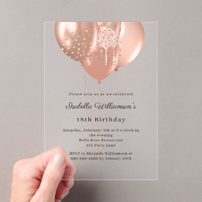 Rose gold balloons clear luxury birthday  acrylic invitations (Insitu (Handheld))