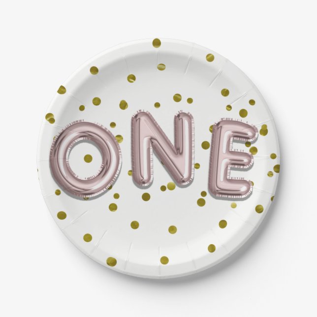 Rose Gold Balloons Confetti ONE 1st Birthday Party Paper Plate (Front)