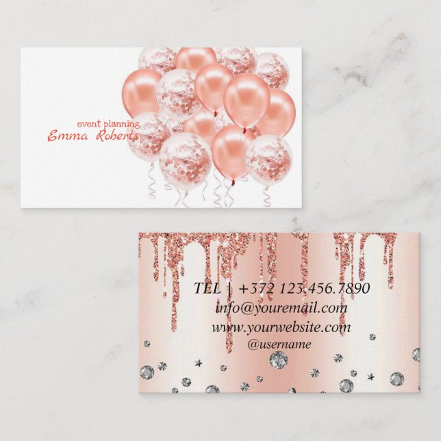 Rose Gold Balloons Event Planning Business card (Front/Back)