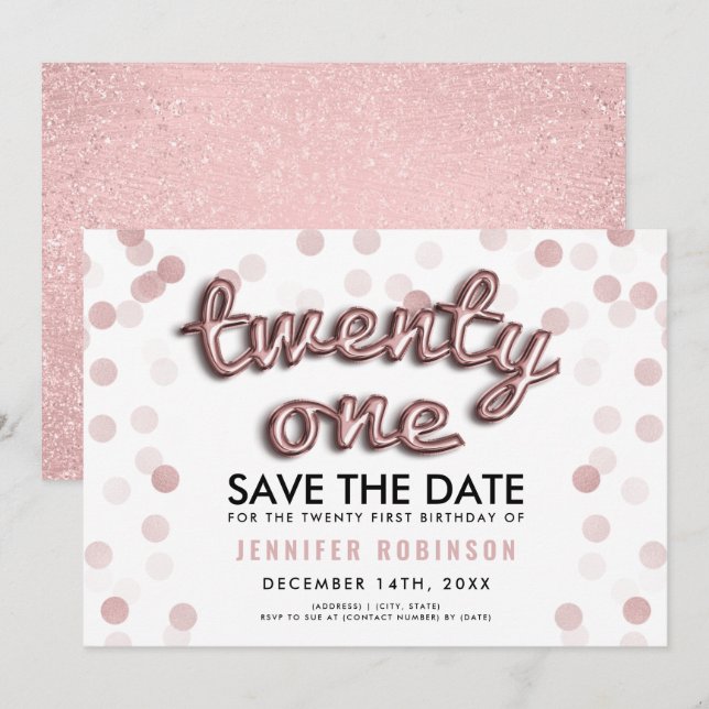 Rose Gold Balloons Glitter 21st Birthday Invitation (Front/Back)