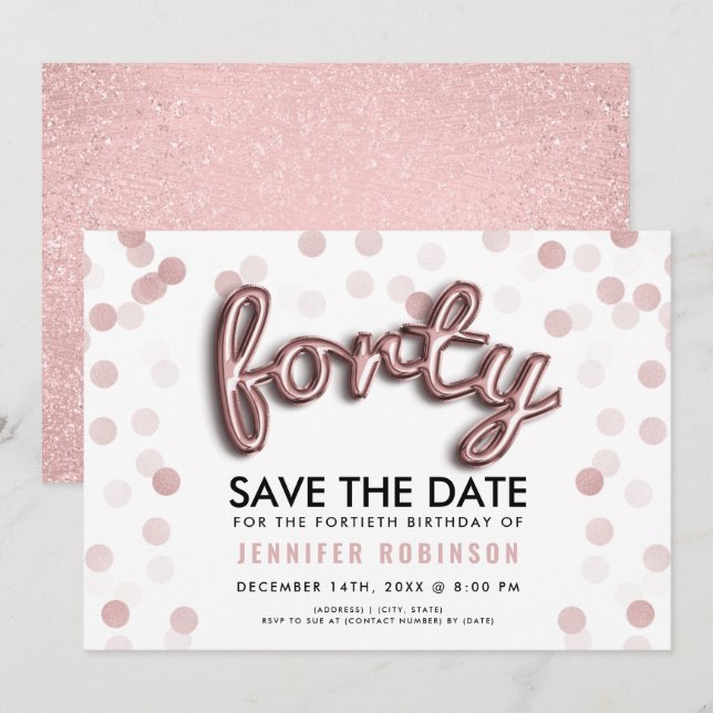Rose Gold Balloons Glitter 40th Birthday Invitation (Front/Back)