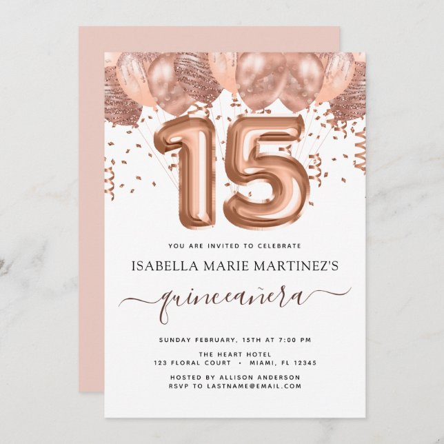 Rose Gold Balloons Quinceañera Celebration Invitation (Front/Back)