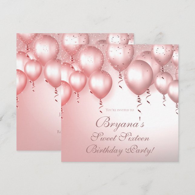 Rose Gold Balloons Sparkle Birthday Party Sweet 16 Invitation (Front/Back)