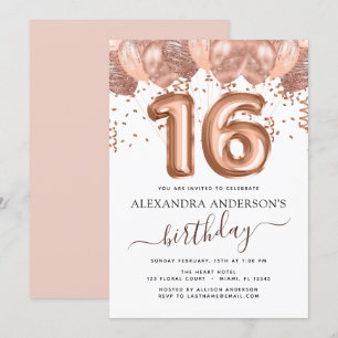 Rose Gold Balloons Sweet 16 Birthday Invitation