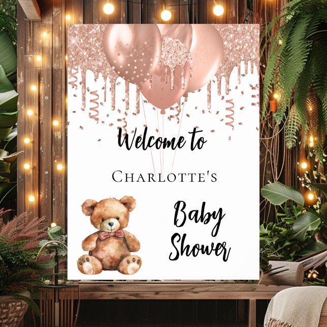 Rose gold balloons teddy bear baby shower welcome poster (Creator Uploaded)