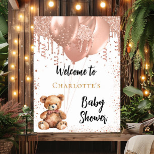 Rose gold balloons teddy bear baby shower welcome poster