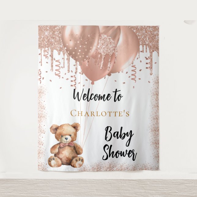 Rose gold balloons teddy bear baby shower welcome tapestry (Front)