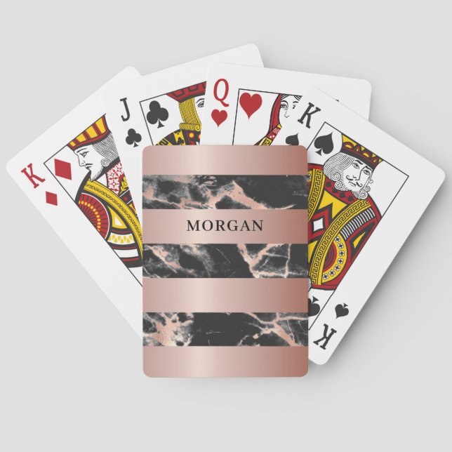 Rose Gold Bands, Black & Rose Gold Marble, Name Playing Cards (Back)
