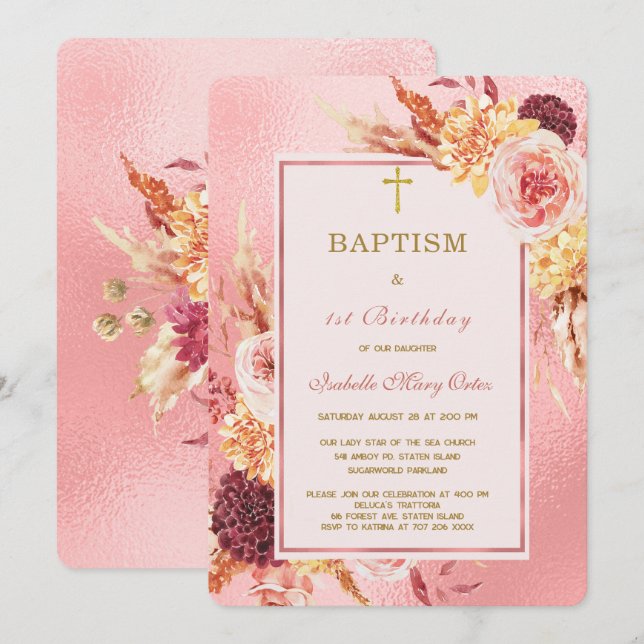 Rose Gold Baptism and First Birthday Invitation (Front/Back)