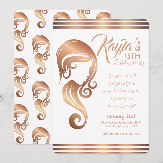 Rose Gold Beauty Girl Hair & Makeup Salon Party Invitation (Front/Back)