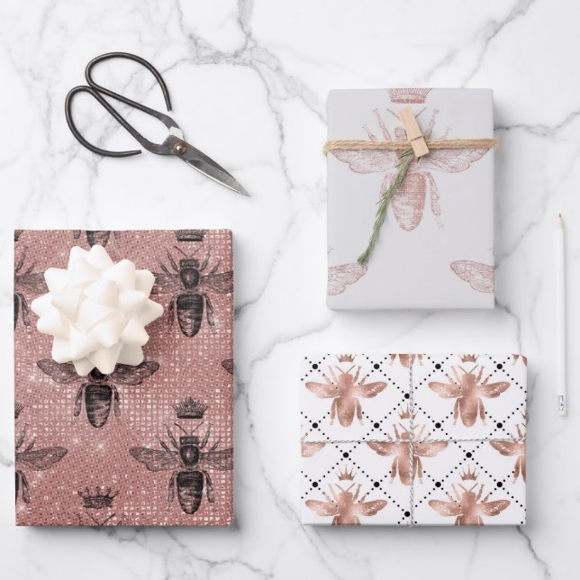Rose Gold Bee Pattern Wrapping Paper Sheet (Front)