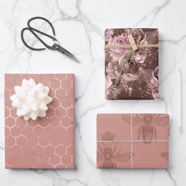Rose Gold Bees and Floral Wrapping Paper Sheet (Front)