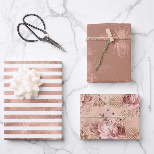 Rose Gold Bees and Floral Wrapping Paper Sheet (Front)
