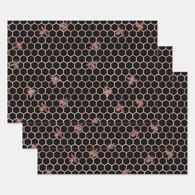 Rose Gold Bees and Honeycomb on Black Wrapping Paper Sheet (Set)