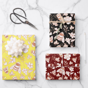 Rose Gold Bees & Flowers Wrapping Paper Sheet