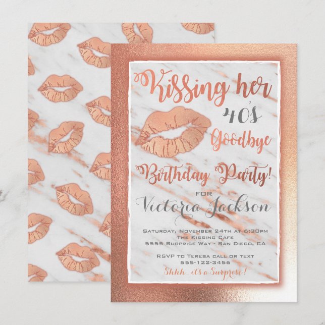 Rose Gold Birtdhay Party kiss lips on marble Invitation (Front/Back)
