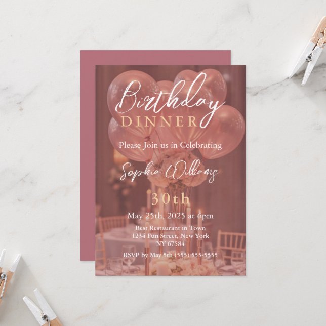Rose Gold Birthday Dinner Invitation (Front/Back In Situ)