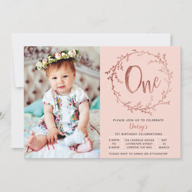 Rose Gold Birthday Girls 1st birthday invitation (Front)
