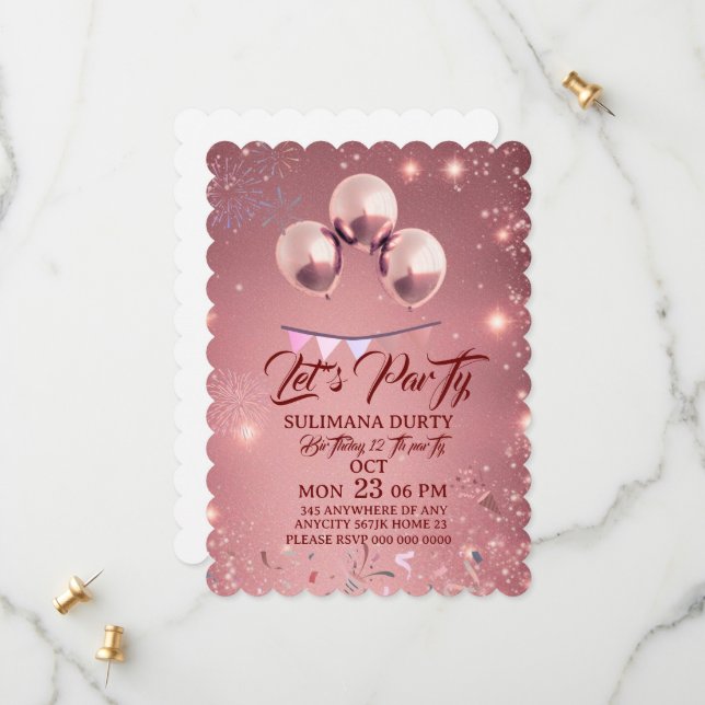 Rose Gold Birthday Invitation Template: Let's Part (Front/Back In Situ)