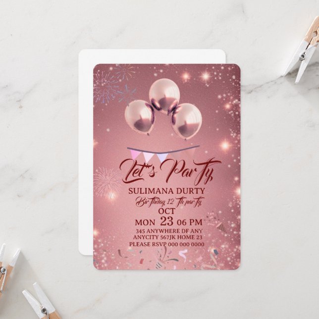 Rose Gold Birthday Invitation Template: Let's Part (Front/Back In Situ)