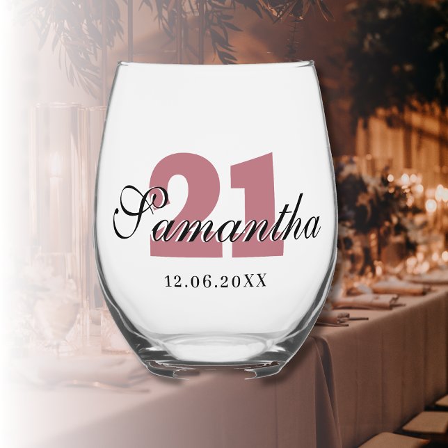 Rose Gold Birthday Number | Black 3D Name Date Stemless Wine Glass (Creator Uploaded)