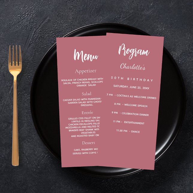 Rose gold birthday program dinner menu card (Creator Uploaded)