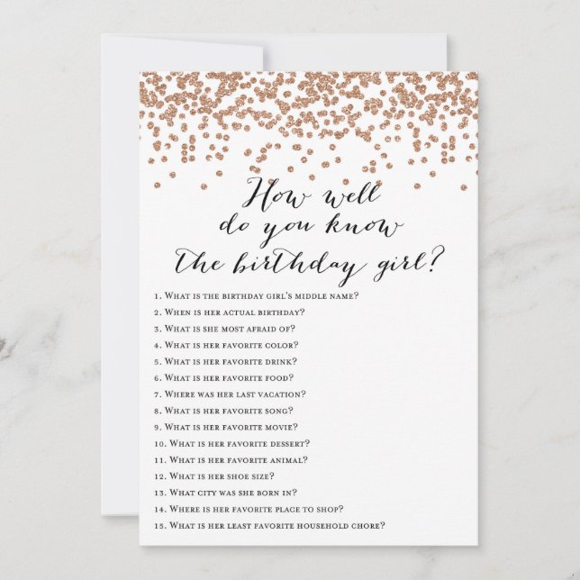 Rose Gold Birthday - Who knows Birthday Girl Game Invitation (Front)