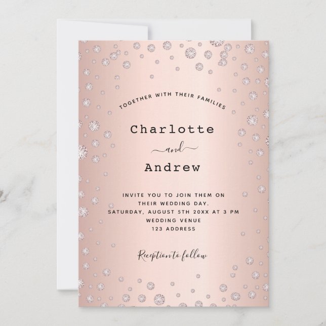 Rose gold bkush diamonds elegant glamourous weddin invitation (Front)