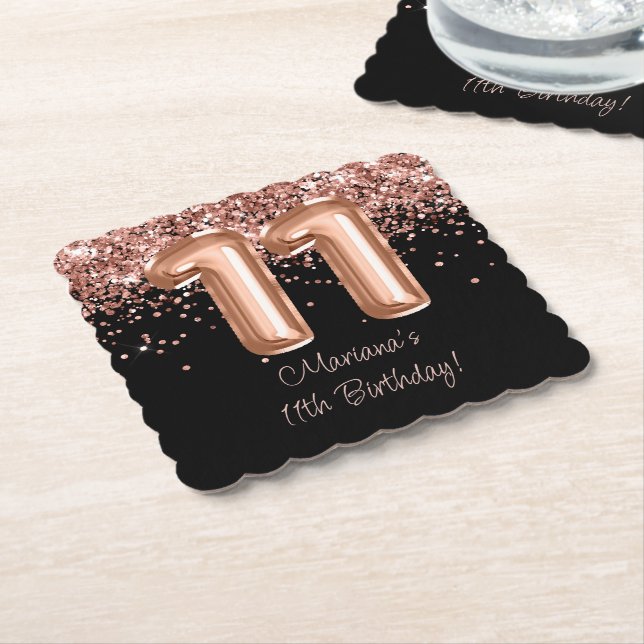  Rose Gold Black 11th Birthday Party Paper Coaster (Angled)
