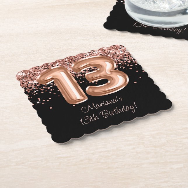  Rose Gold Black 13th Birthday Party Paper Coaster (Angled)