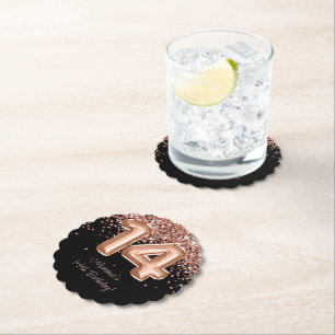 Rose Gold Black 14th Birthday Party Paper Coaster