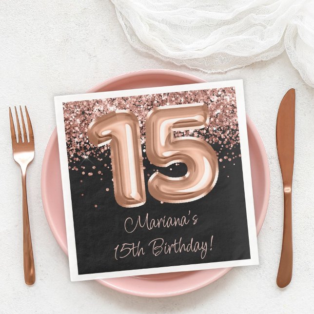  Rose Gold Black 15th Birthday Party Napkin (Creator Uploaded)