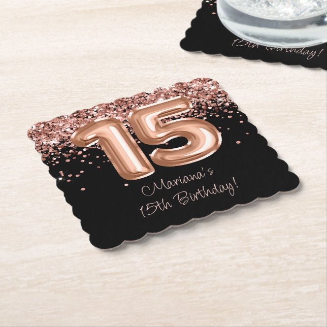 Rose Gold Black 15th Birthday Party Paper Coaster (Angled)