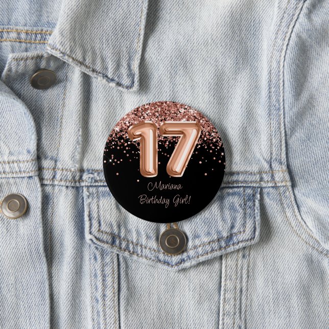 Rose Gold Black 17th Birthday Party 7.5 Cm Round Badge (In Situ)