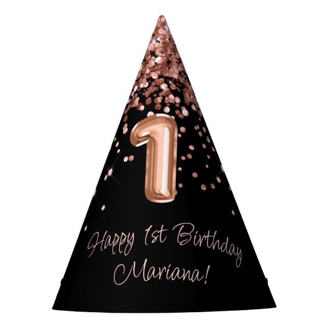 Rose Gold Black 1st Birthday Party Hat (Front)